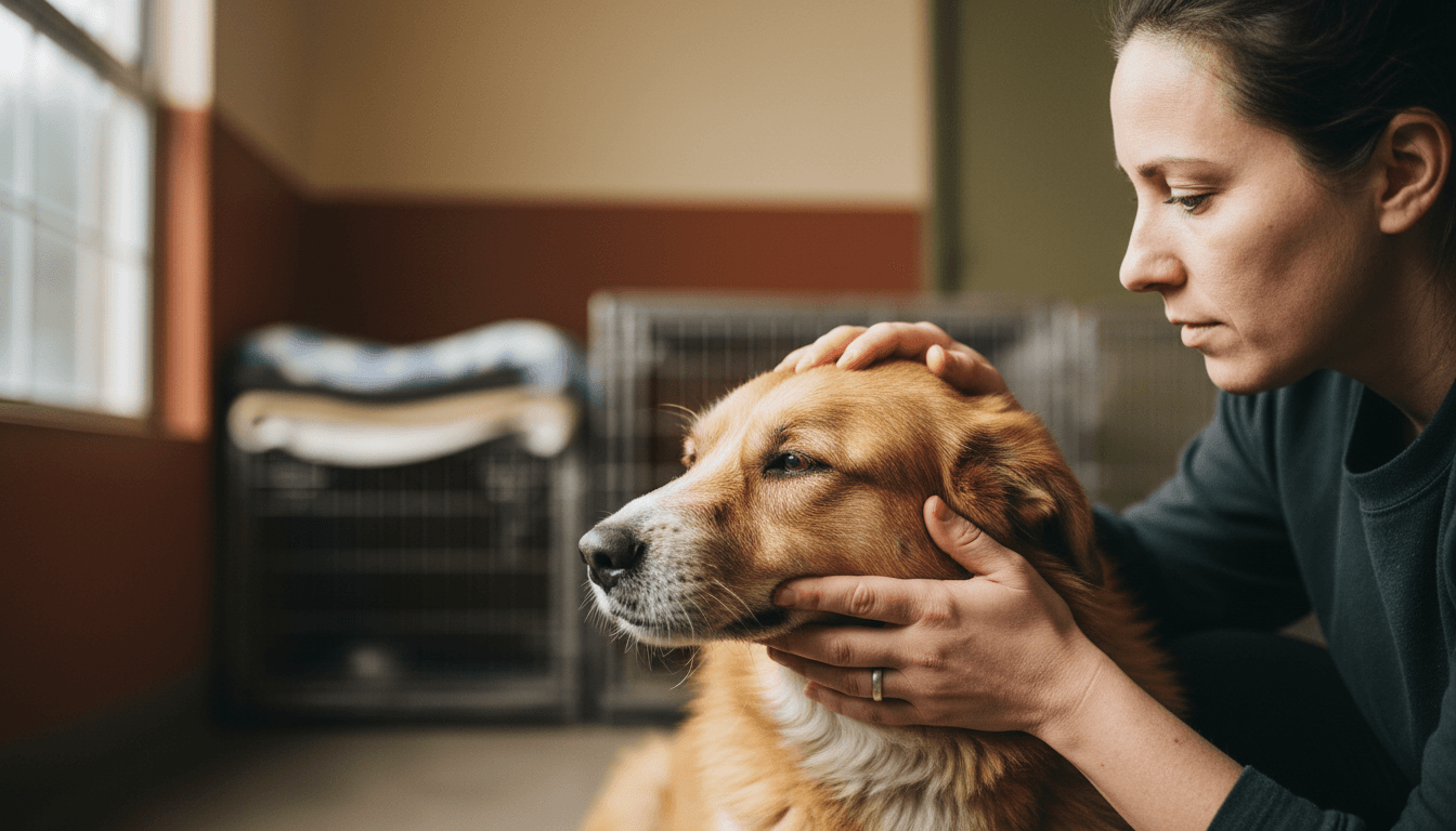 Volunteer gently caring for a rescued dog at Mubiru animal shelter in Kampala