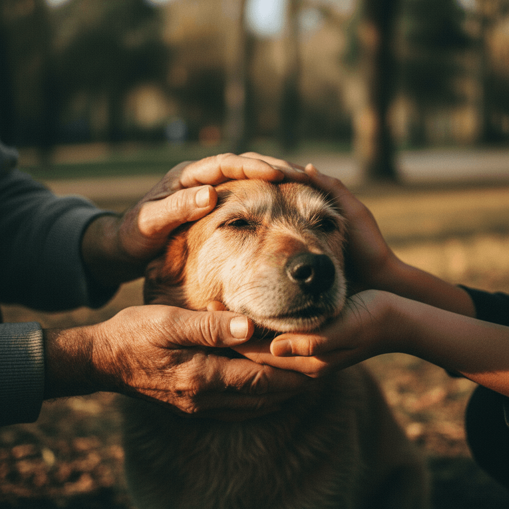 Hands gently petting a rescued dog at the shelter