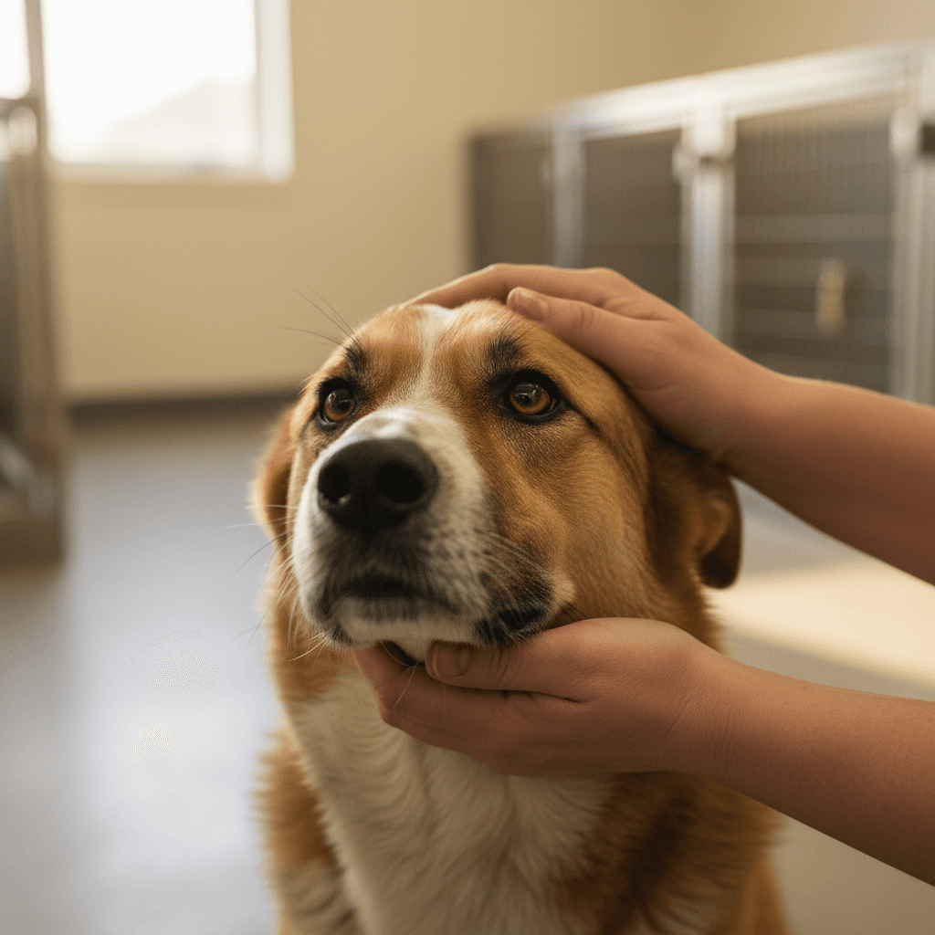 Caregiver holding rescued dog with care and compassion